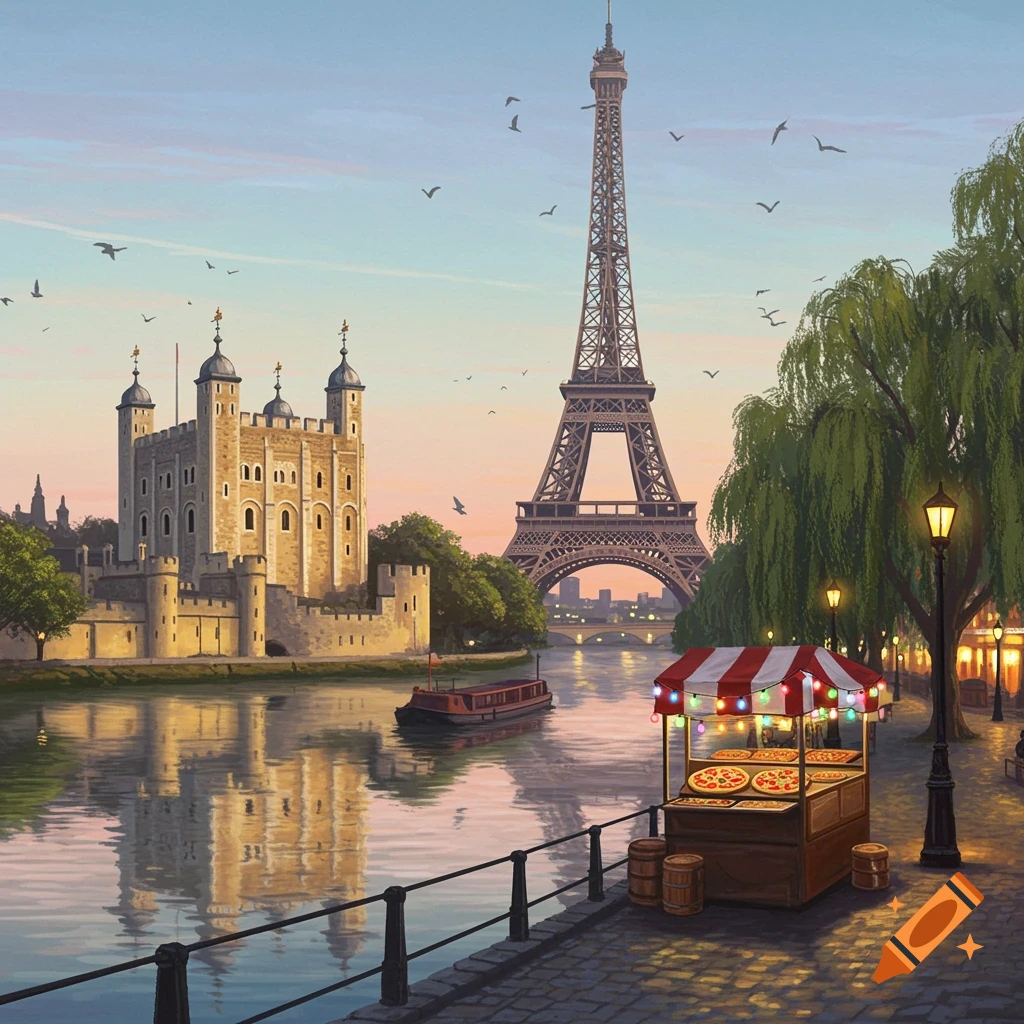 Illustrative painting of the Tower of London and Eiffel Tower side-by-side by a river, with a pizza stand on the bank at dusk.