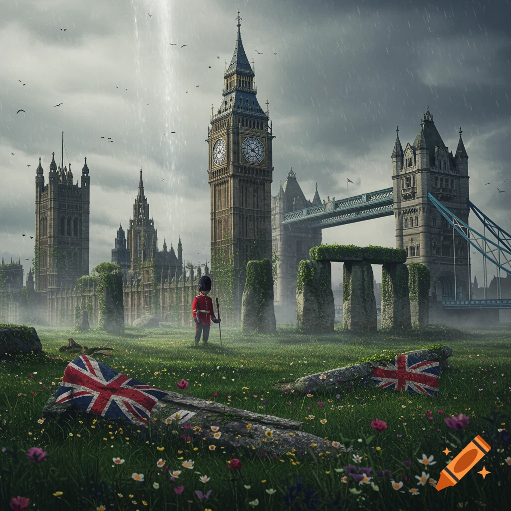 A stylized, post-apocalyptic London cityscape features a lone royal guard amidst overgrown ruins of Big Ben, the Houses of Parliament, and Tower Bridge. Stonehenge stones are integrated into the scene, with a Union Jack flag visible on a fallen rock in the foreground under a cloudy sky with a light beam.