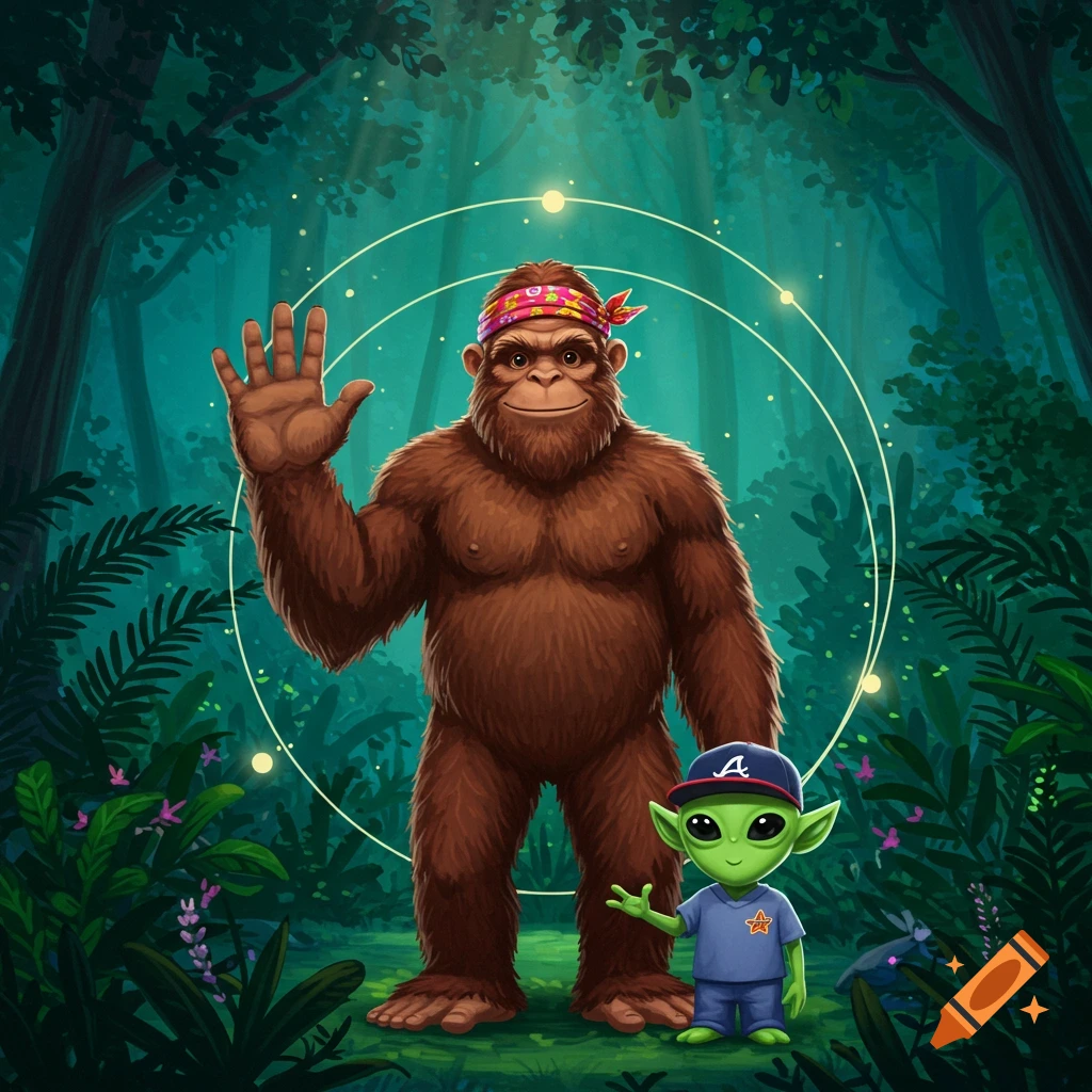 A cartoon Bigfoot with a bandana waving next to a small green alien in a Braves cap, standing in a forest.