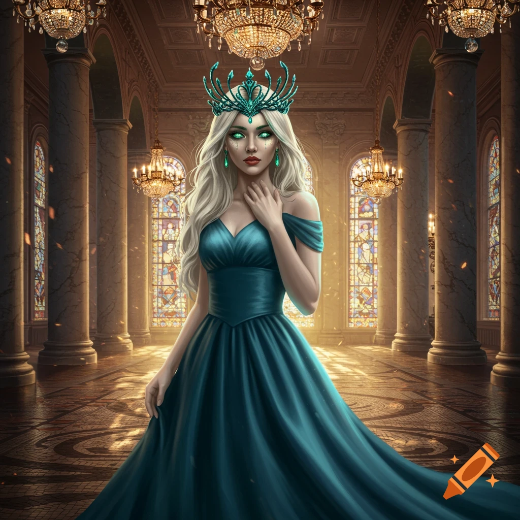 A beautiful princess with glowing green eyes and long white hair wears a teal gown and a matching crown, standing in a grand hall.
