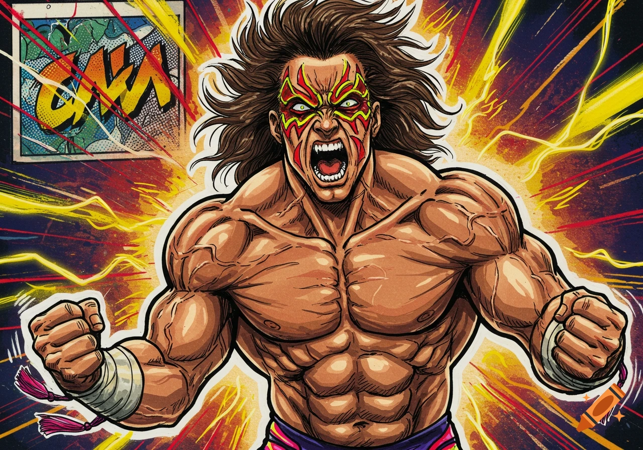 Manga-style portrait of a muscular pro wrestler with face paint, long hair, and an intense expression, surrounded by yellow and red energy bursts.
