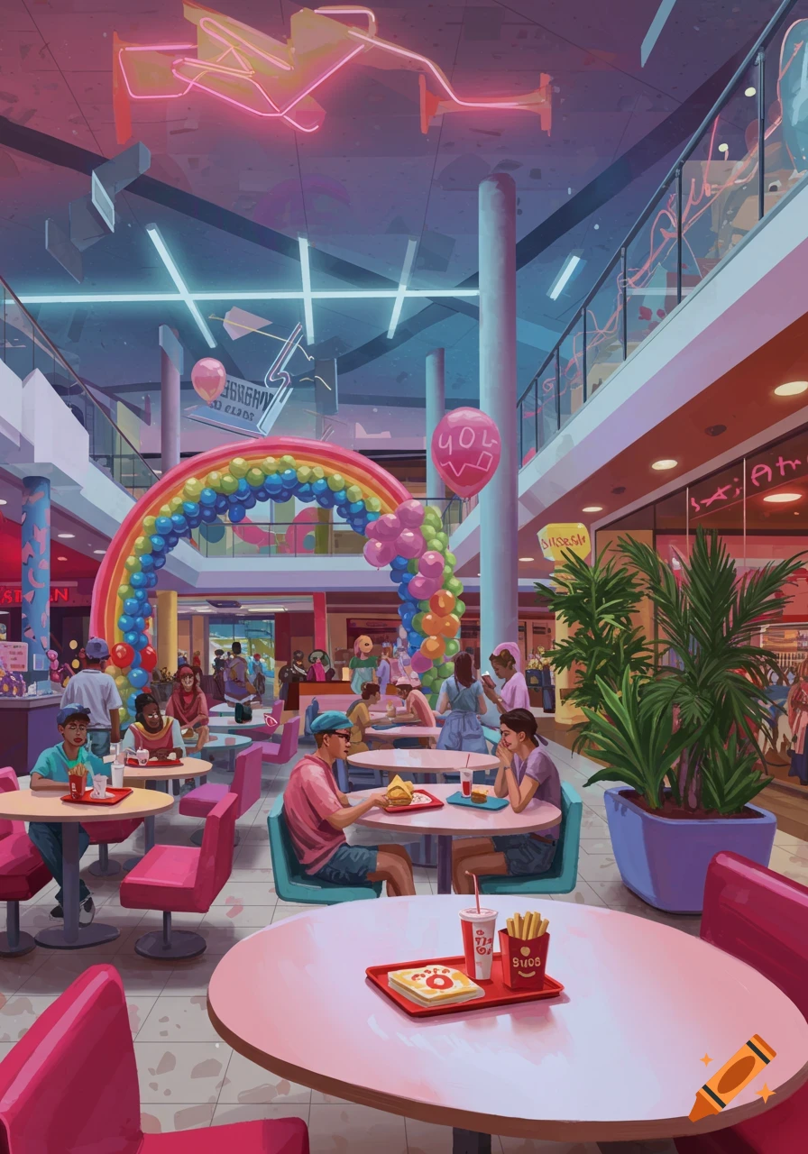A vibrant, retro-style food court in a 90s mall with people dining, a balloon arch, and neon signs.