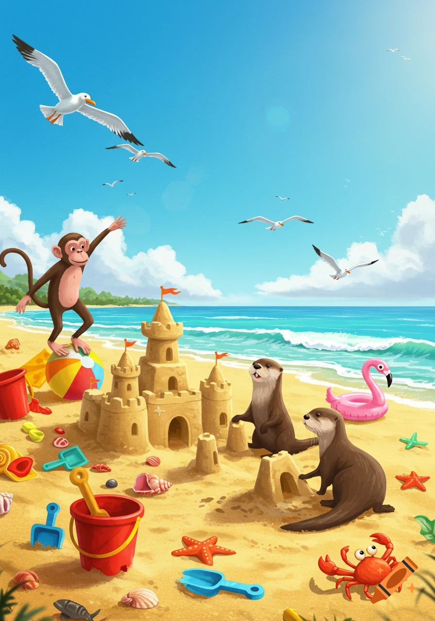 Animated illustration of a sunny beach scene with a monkey, otters, seagulls, and a crab playing near sandcastles and beach toys.