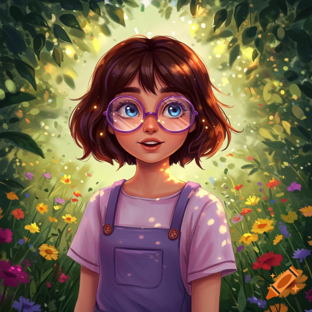 A cartoon-style girl with short brown hair and blue eyes wearing purple glasses and overalls, smiling in a sunny, flower-filled field.