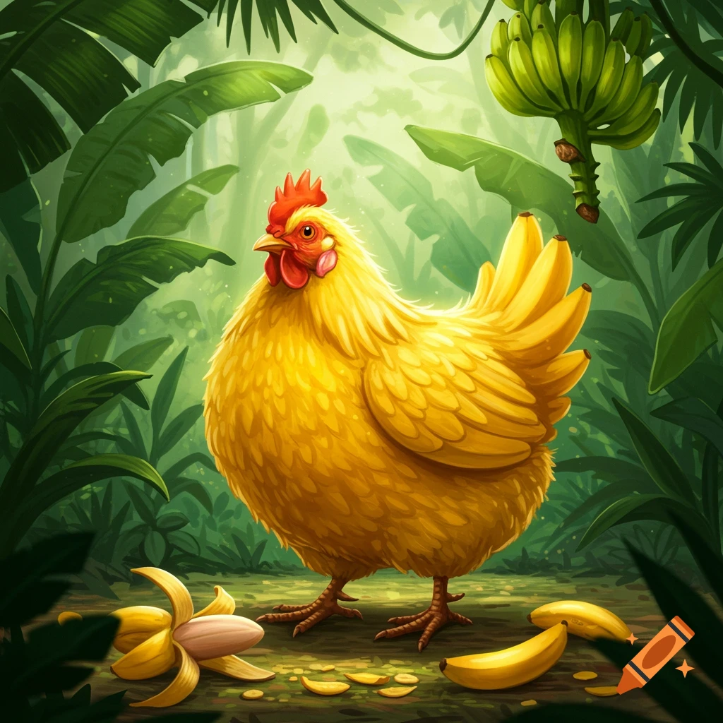 A yellow chicken with banana-shaped feathers stands in a lush green jungle with bananas on the ground and hanging from vines.