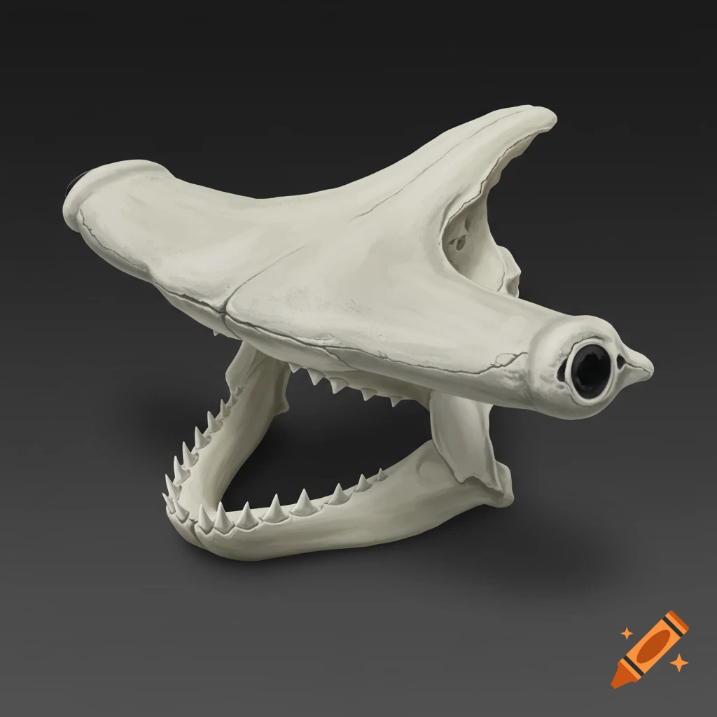 Realistic rendering of a hammerhead shark skull on a dark background.