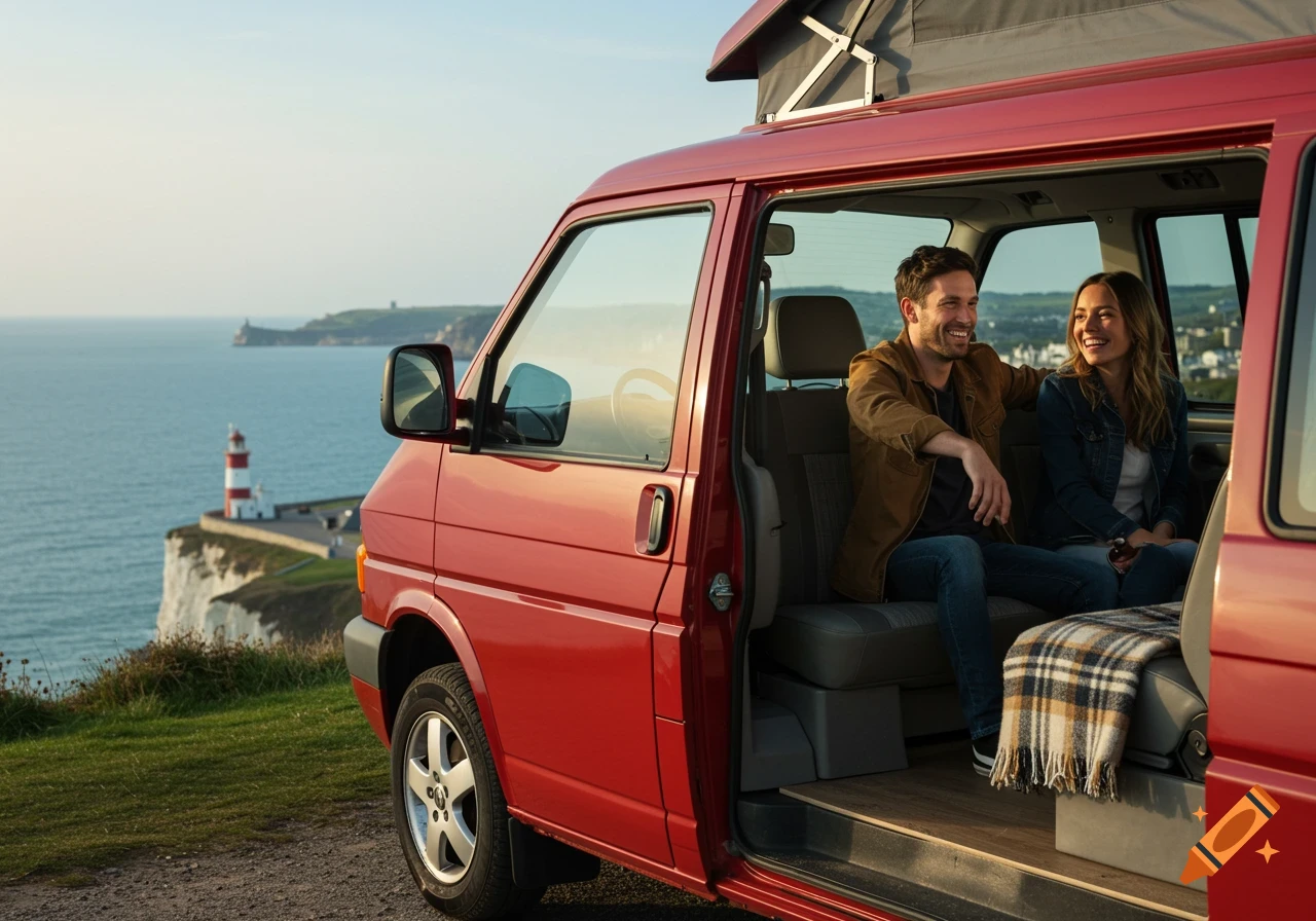 A man and woman sit smiling in a red camper van parked on a cliff overlooking the sea with a lighthouse in the distance. Photorealistic.