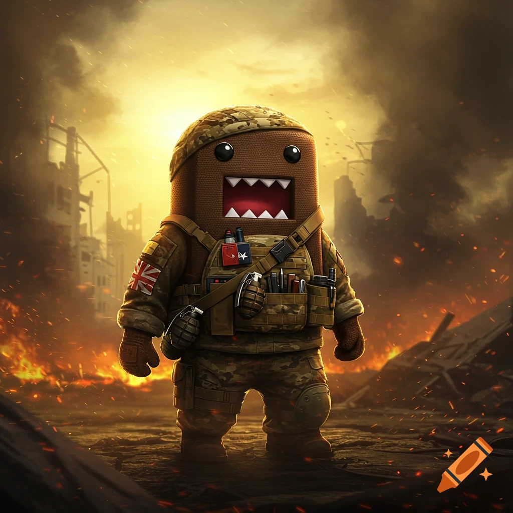 A cartoon Domo-kun character in military fatigues and gear, standing in a fiery, destroyed cityscape at sunset.