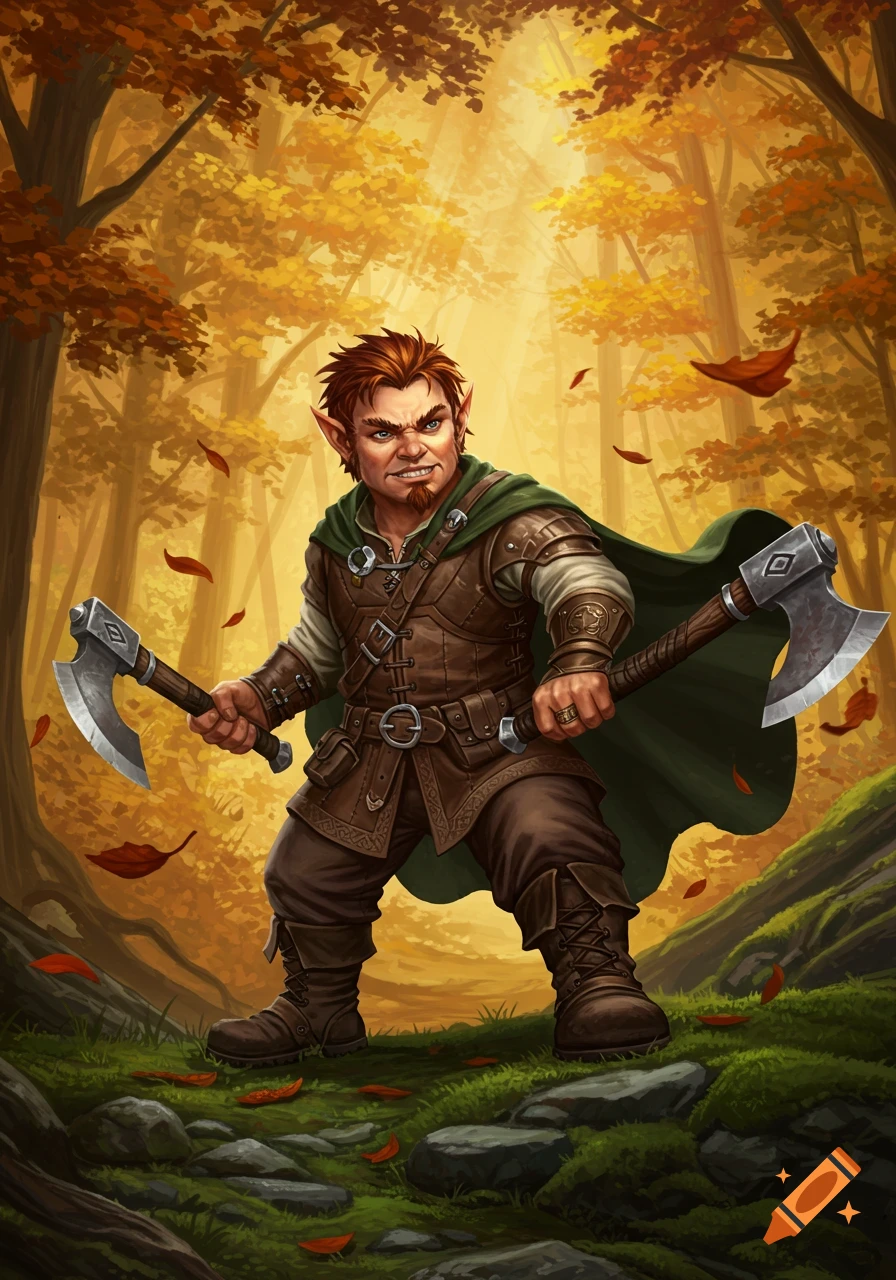 A fierce-looking halfling character dual-wielding two handaxes in an autumn forest, digital fantasy illustration.