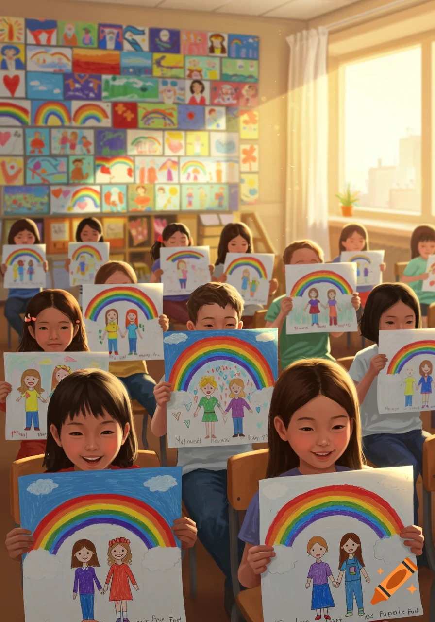 Children in a sunlit classroom hold up their drawings of rainbows and stick figures of people, with more drawings displayed on the wall.