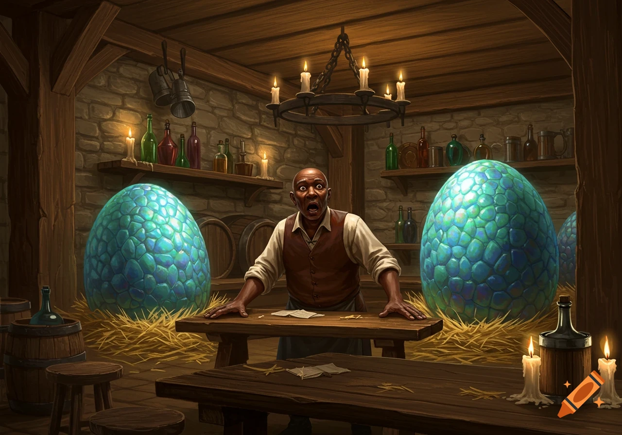 A surprised balding man, a tavern owner, stands between two large, glowing blue-green dragon eggs on hay in a rustic tavern.