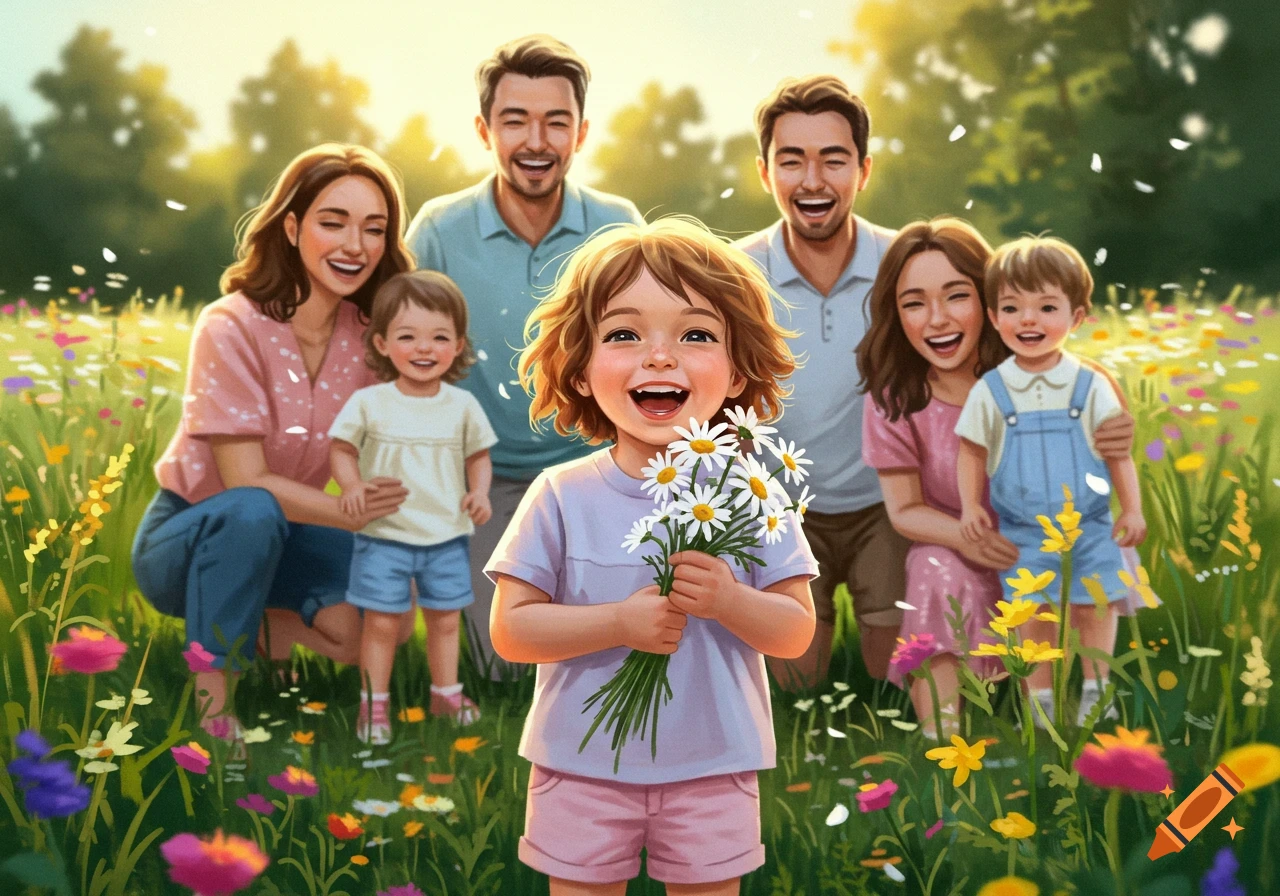 A happy family of two adults and three young children laughing in a vibrant field of wildflowers during golden hour, with the youngest holding a bouquet of daisies.