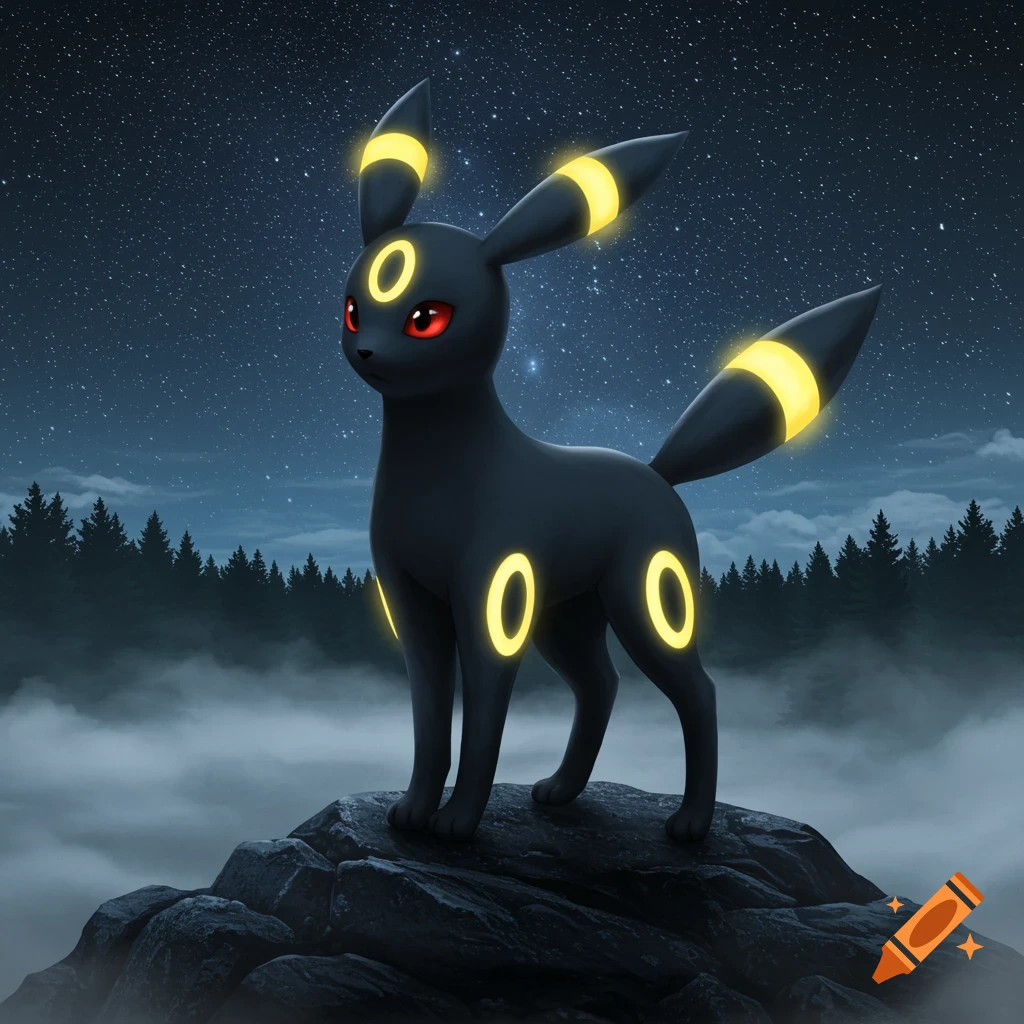 Umbreon, a dark Pokémon with glowing yellow rings and red eyes, stands on a rock under a starry night sky with a misty forest.