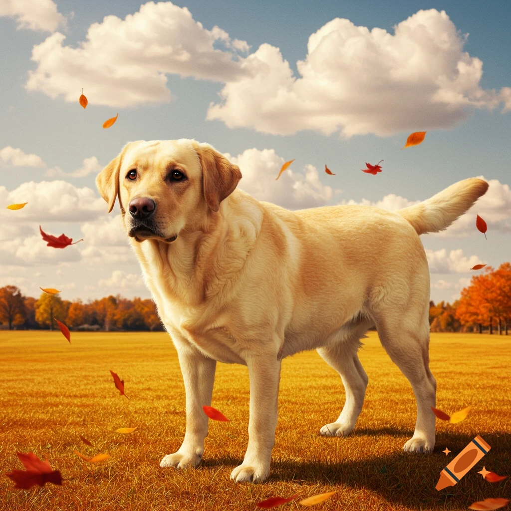 A photorealistic yellow Labrador stands in a field of golden grass with autumn leaves falling around it under a partly cloudy sky.