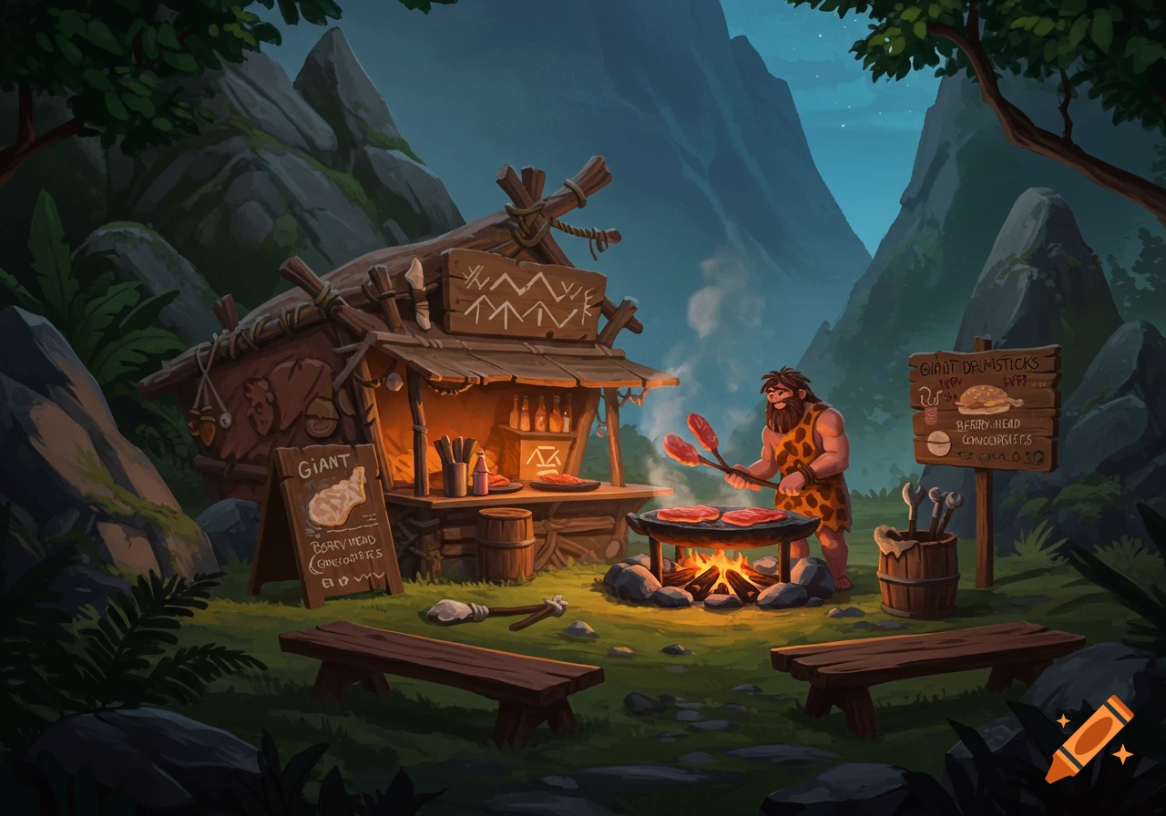 A cartoon caveman cooks large meat on a grill outside a primitive fast-food stall in a lush, mountainous prehistoric landscape.
