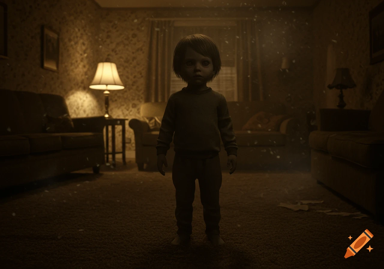 A creepy young child with dark eyes stands in a dimly lit, dusty, sepia-toned room, in a style resembling vintage found footage.