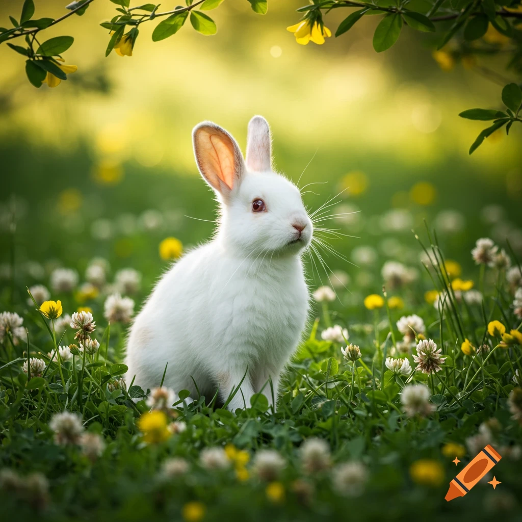 A fluffy white rabbit with red eyes sits in a lush green field filled with yellow and white flowers.