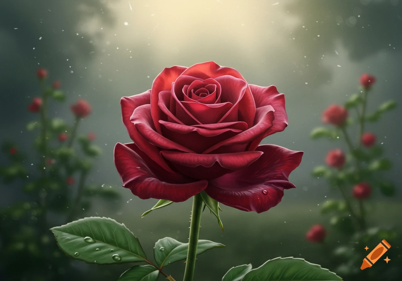 A close-up photorealistic image of a vibrant red rose with dew drops on its leaves, set against a softly blurred, dreamy background.