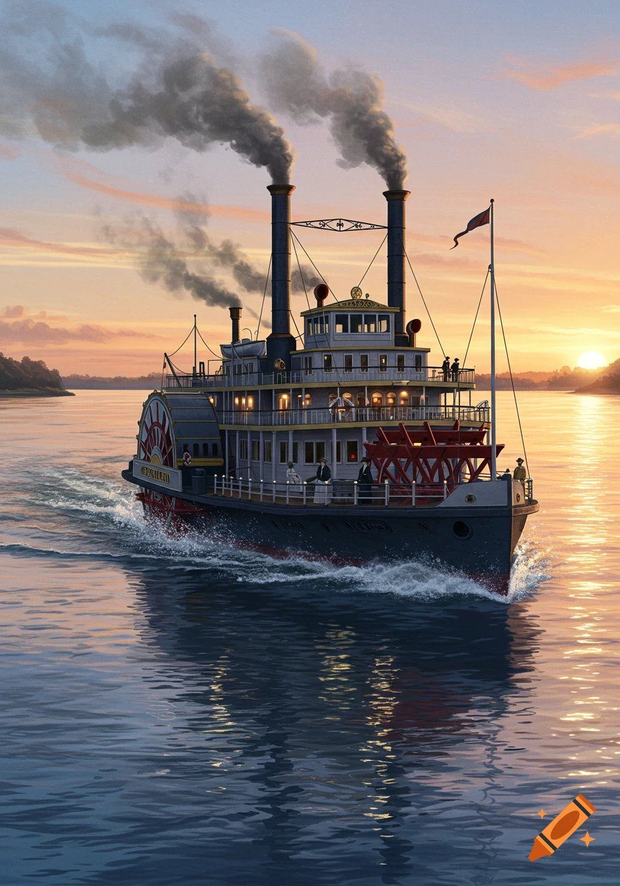 A paddle steamer with two smokestacks cruises on a river at sunset, with golden light reflecting on the water.