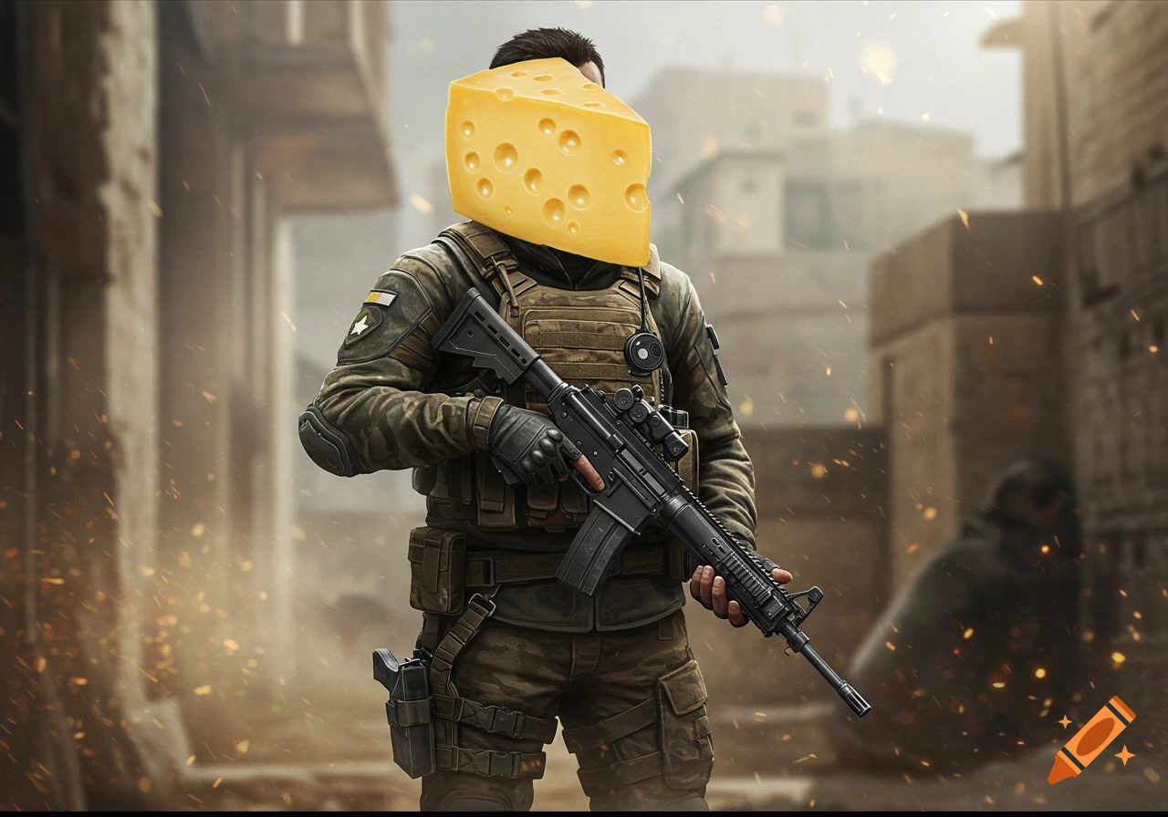 A soldier in military gear holding a rifle, with a large block of Swiss cheese as a head, stands in a war-torn urban street.