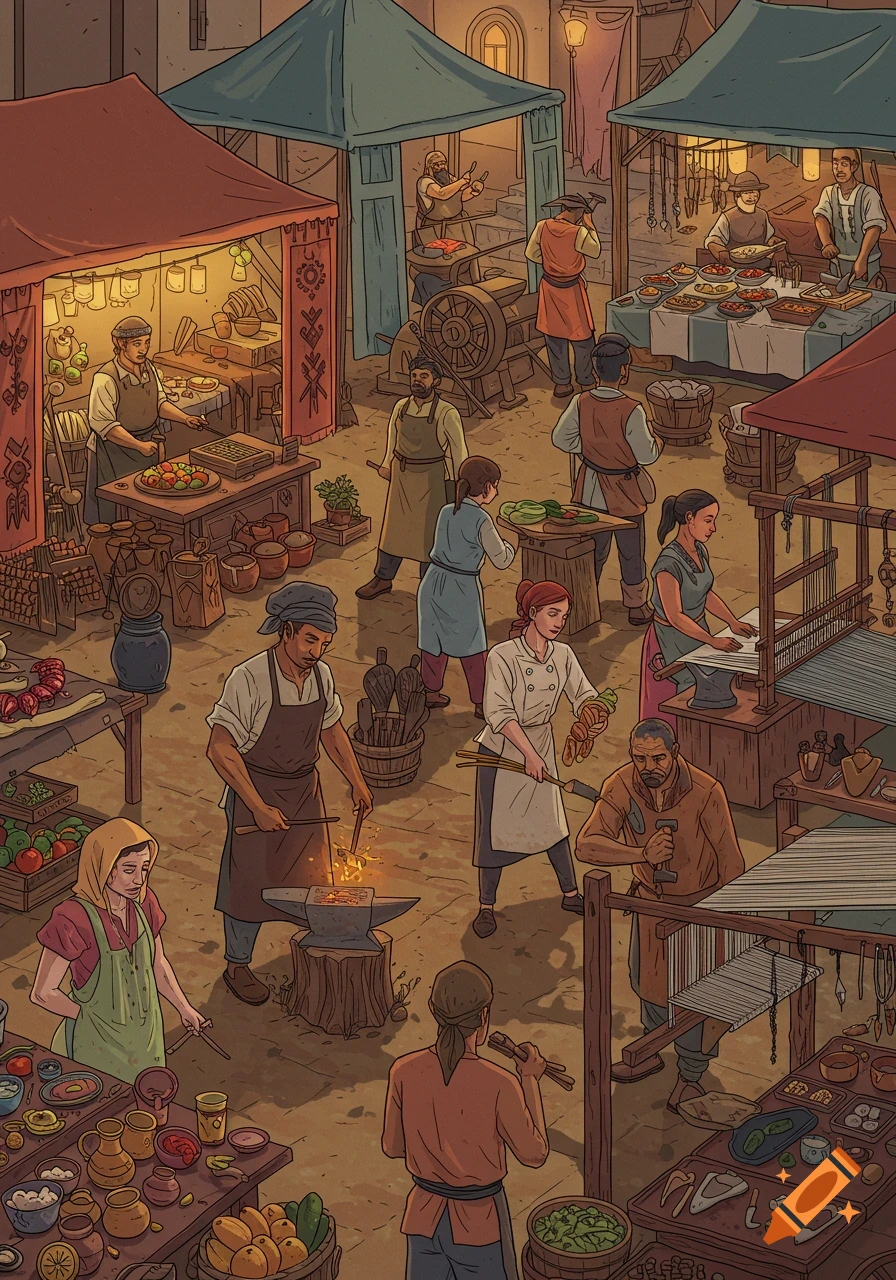 An overhead, stylized illustration of a bustling medieval market, with various vendors and artisans selling their goods and services.