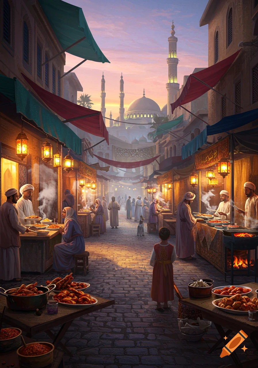 A vibrant market street scene at sunset, with bustling food stalls, lanterns, and people, leading to a distant mosque.