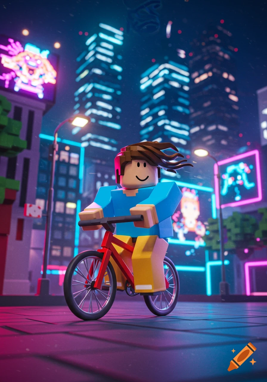 A Roblox character rides a red bicycle down a neon-lit city street at night, with tall buildings in the background.