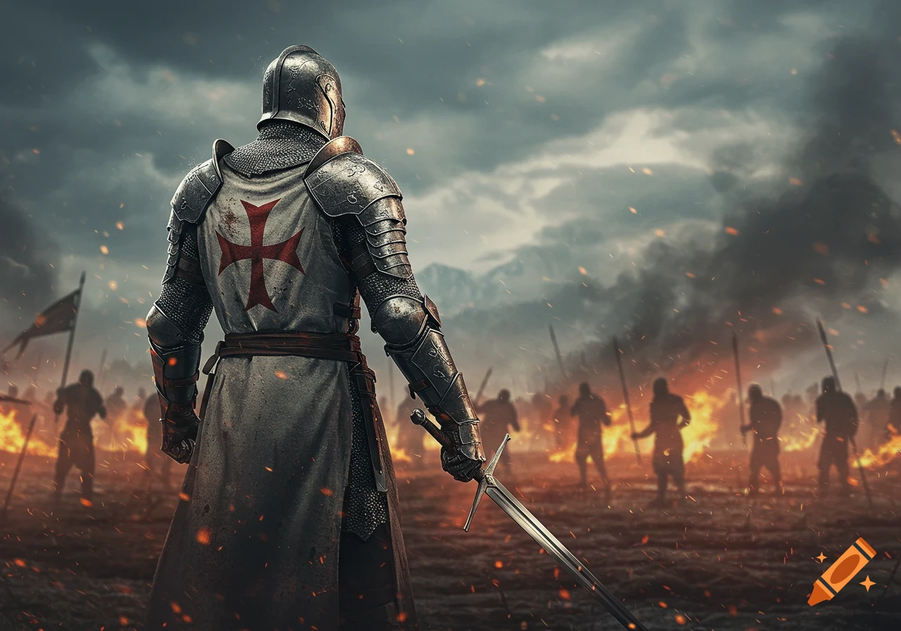 A knight Templar from behind, holding a sword, faces a fiery battlefield with silhouetted enemies.