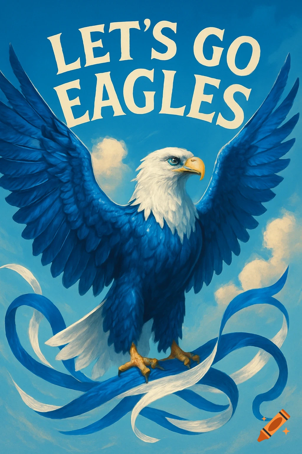 A majestic blue and white eagle with outstretched wings stands on swirling ribbons under the words "LET'S GO EAGLES" against a bright blue sky.
