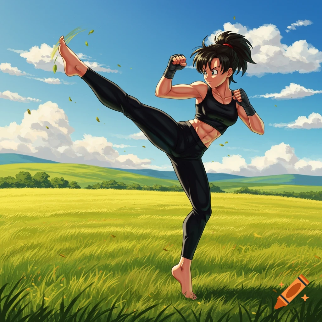 Anime character Videl in black sports attire high-kicking barefoot in a grassy field under a blue sky.