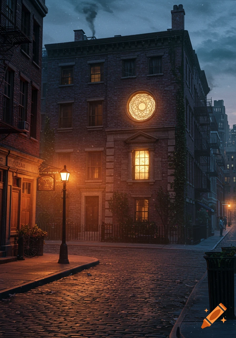 A dark city street at night with a large brick building featuring a bright, glowing circular window. A vintage street lamp illuminates the cobblestone street.