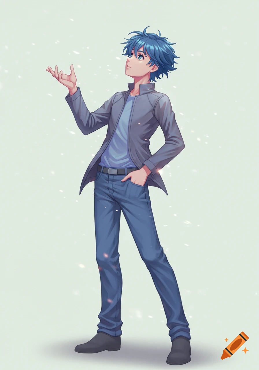 An anime boy with blue hair, wearing a gray jacket and blue jeans, looks up with one hand raised against a light background.
