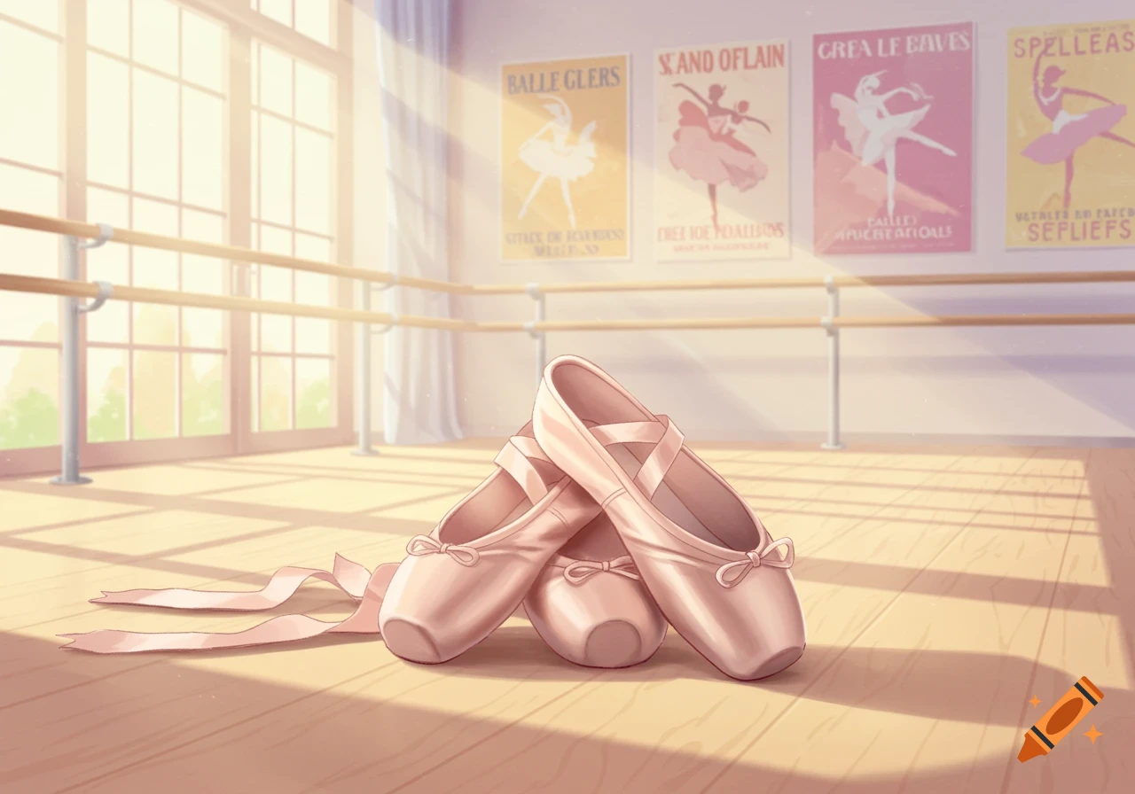 Pink ballet pointe shoes lie on a wooden floor in a sunny dance studio, with posters in the background, in a cartoony style.