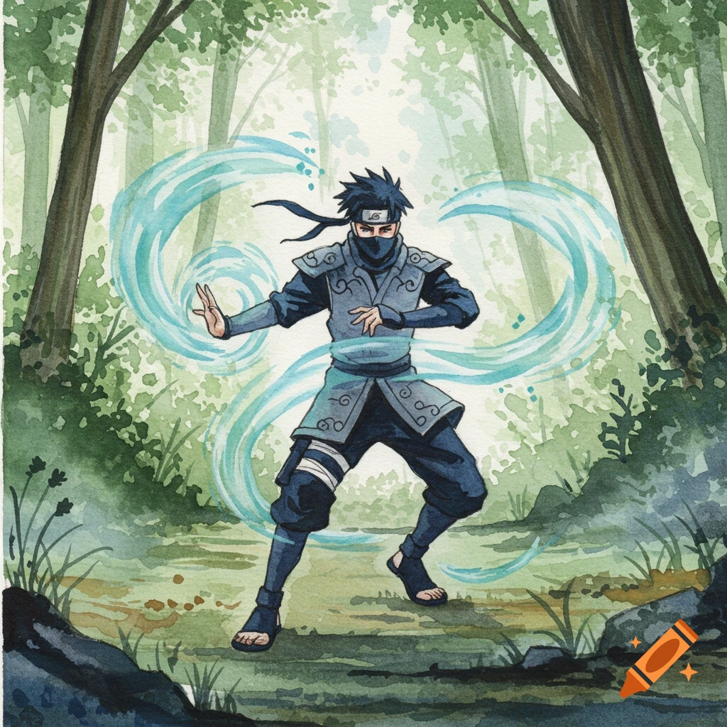 A shinobi ninja in a forest performs a jutsu, surrounded by swirling blue water, in a watercolor style.