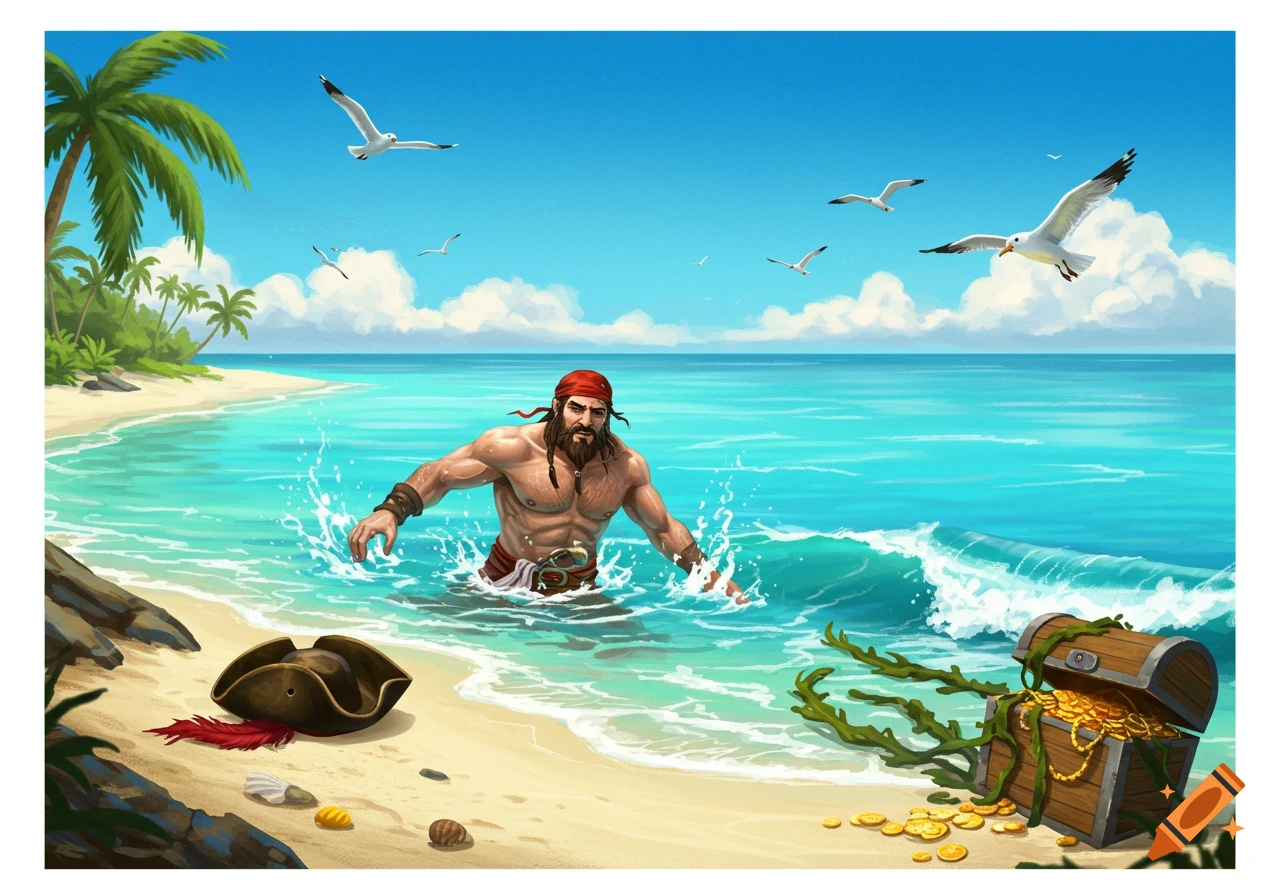 Illustration of a rugged pirate with a red bandana emerging from the blue ocean onto a sandy tropical beach with a treasure chest and palm trees.