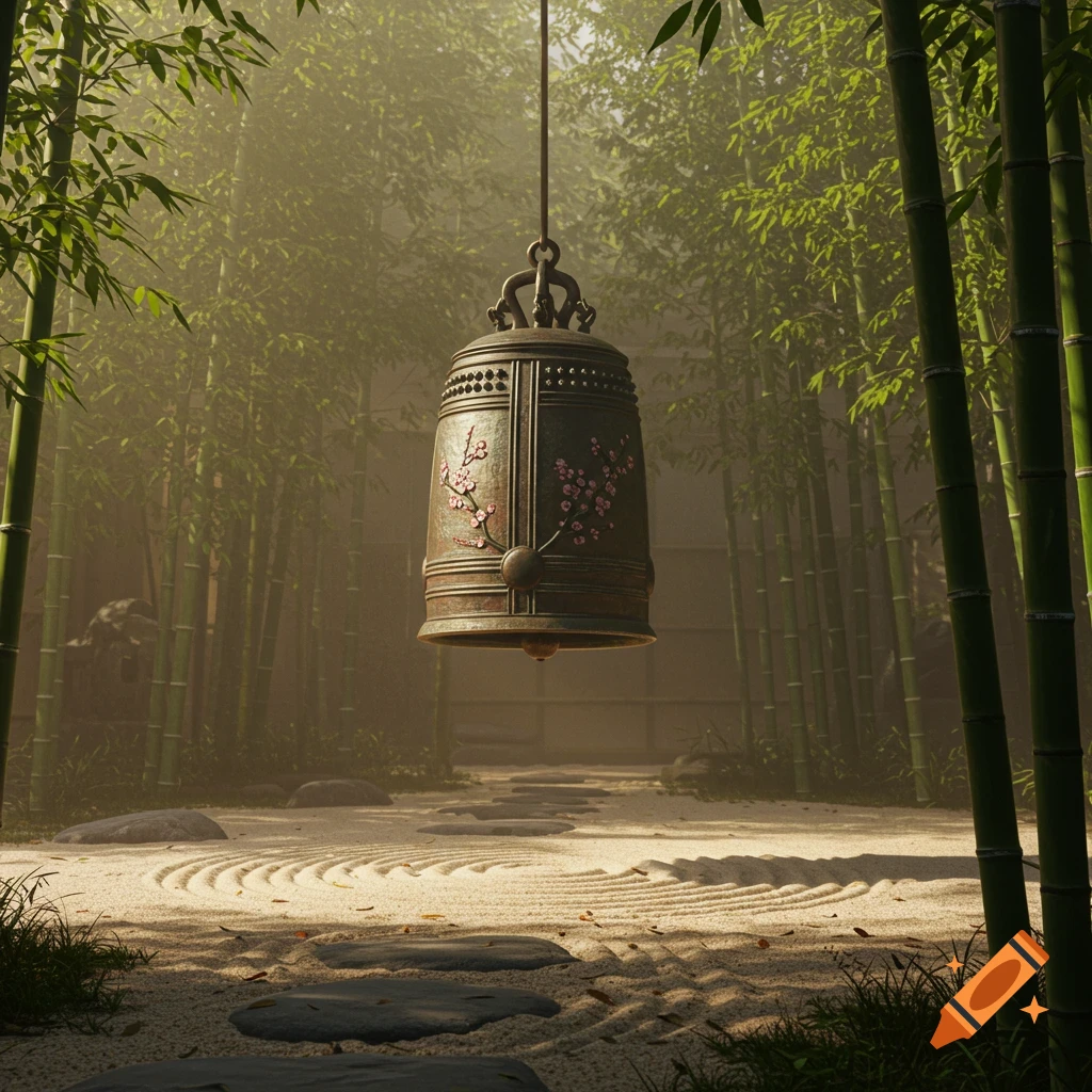 An antique bronze bell with cherry blossom decorations hangs in a sun-dappled bamboo forest over a zen garden with raked sand and stepping stones.