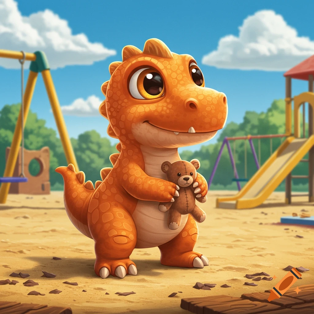 A cute orange baby dinosaur with large eyes holds a teddy bear in a sunny playground, cartoon style.