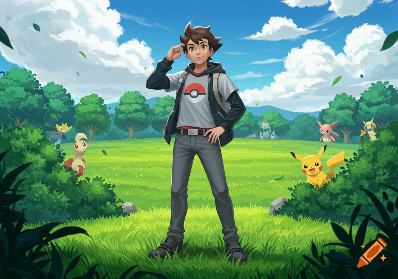 An anime-style image of a boy Pokémon trainer in a field with Pikachu and other Pok m mon.