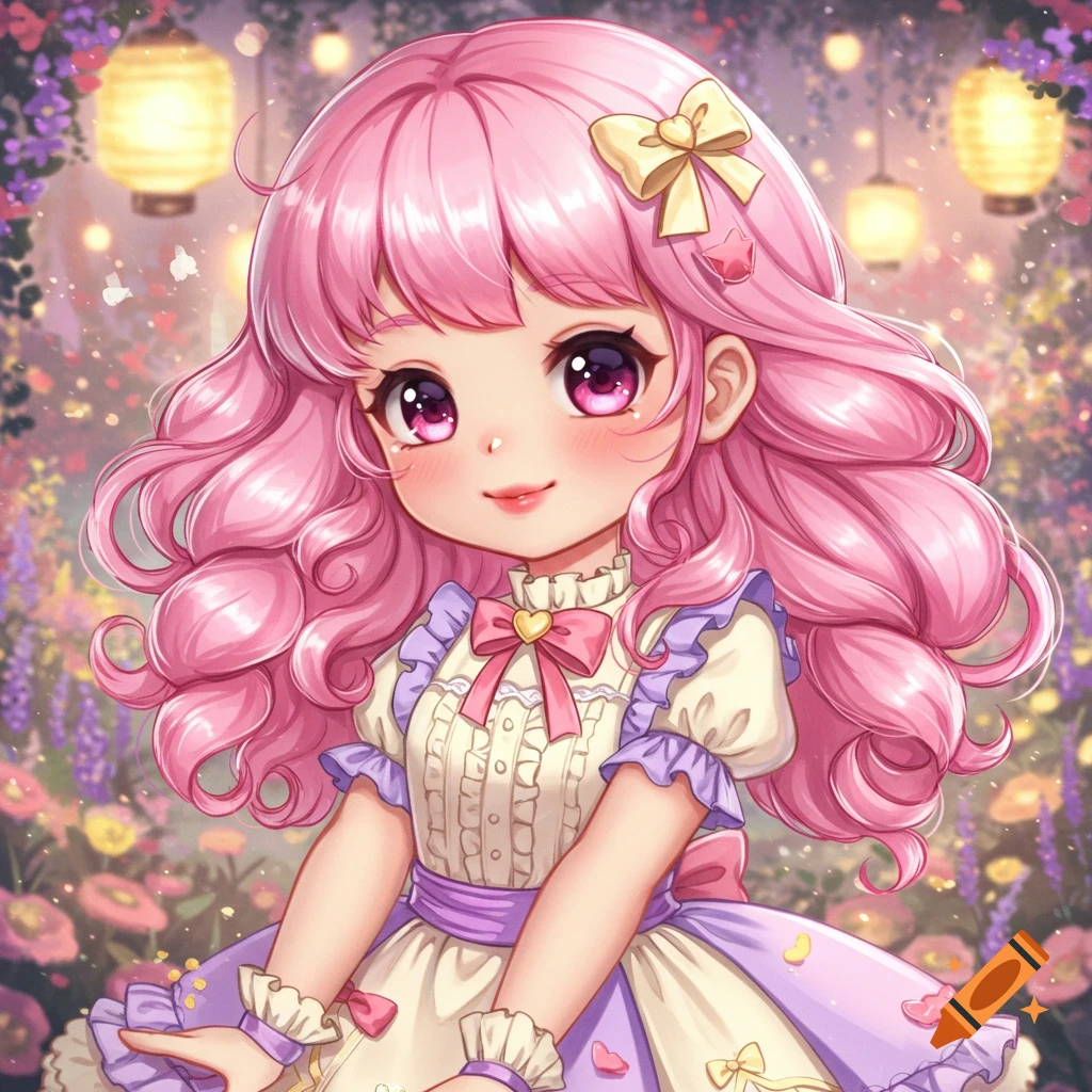 A cute anime girl with pink curly hair and purple eyes in a white and purple dress, surrounded by flowers and glowing lanterns.