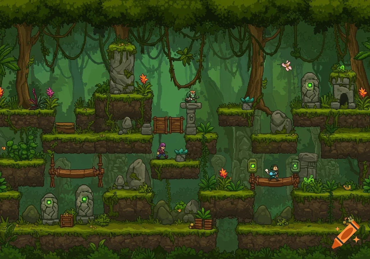 A detailed 2D pixel art jungle platformer video game level with multiple elevated platforms, characters, ancient ruins, and lush foliage.