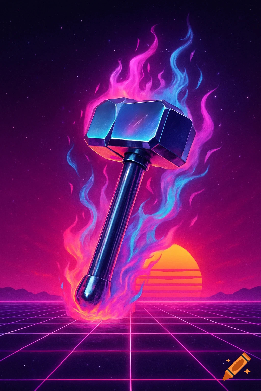 A hammer with vibrant pink, blue, and purple flames on a retro synthwave grid with an orange sunset.
