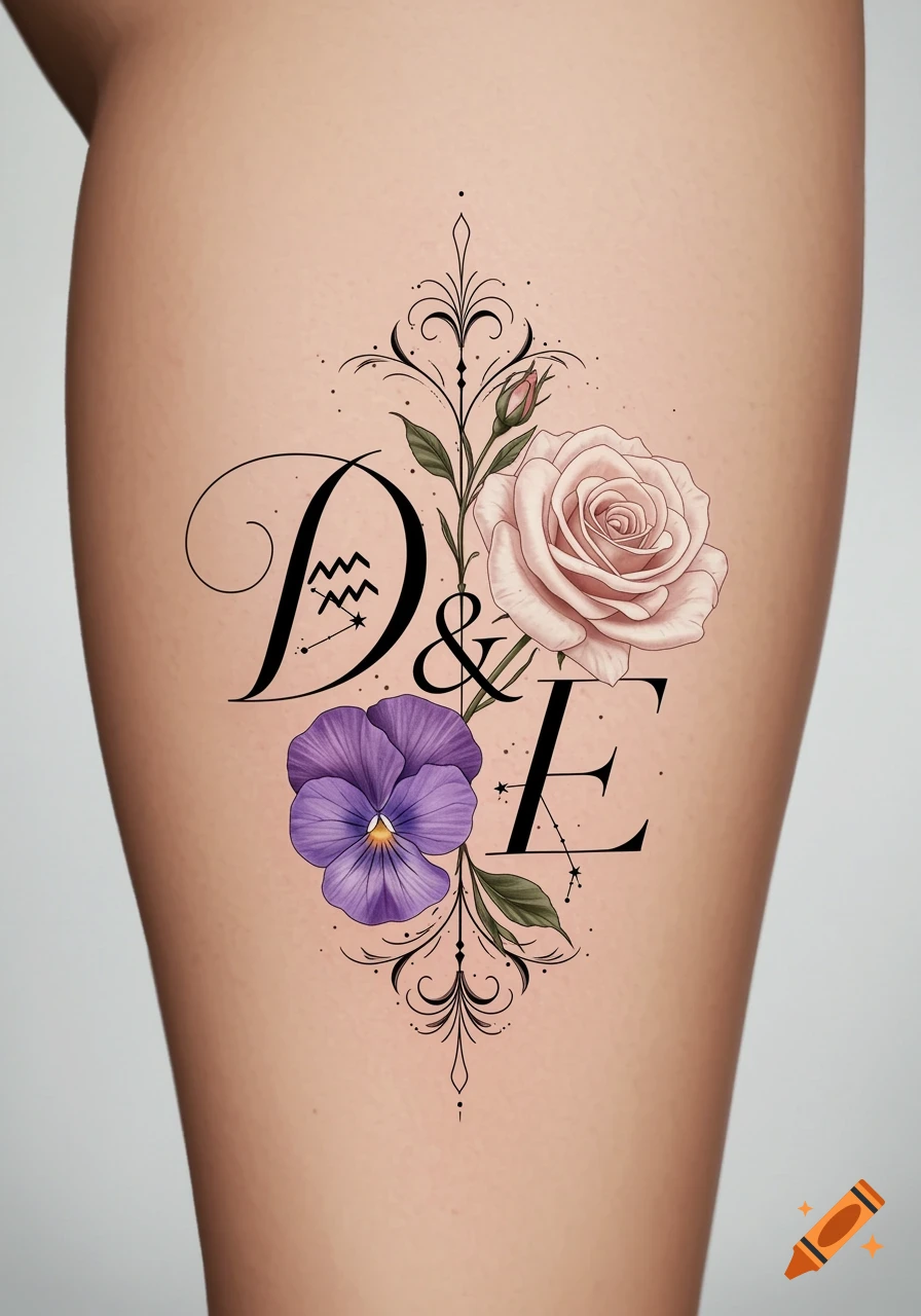 Delicate tattoo of initials 'D & E' with Aquarius and Gemini symbols, purple pansy, pink rose, and ornate scrollwork on skin.