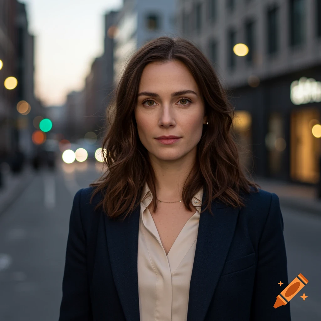 A photorealistic portrait of a woman with brown hair looking directly at the viewer, standing on a city street at dusk.