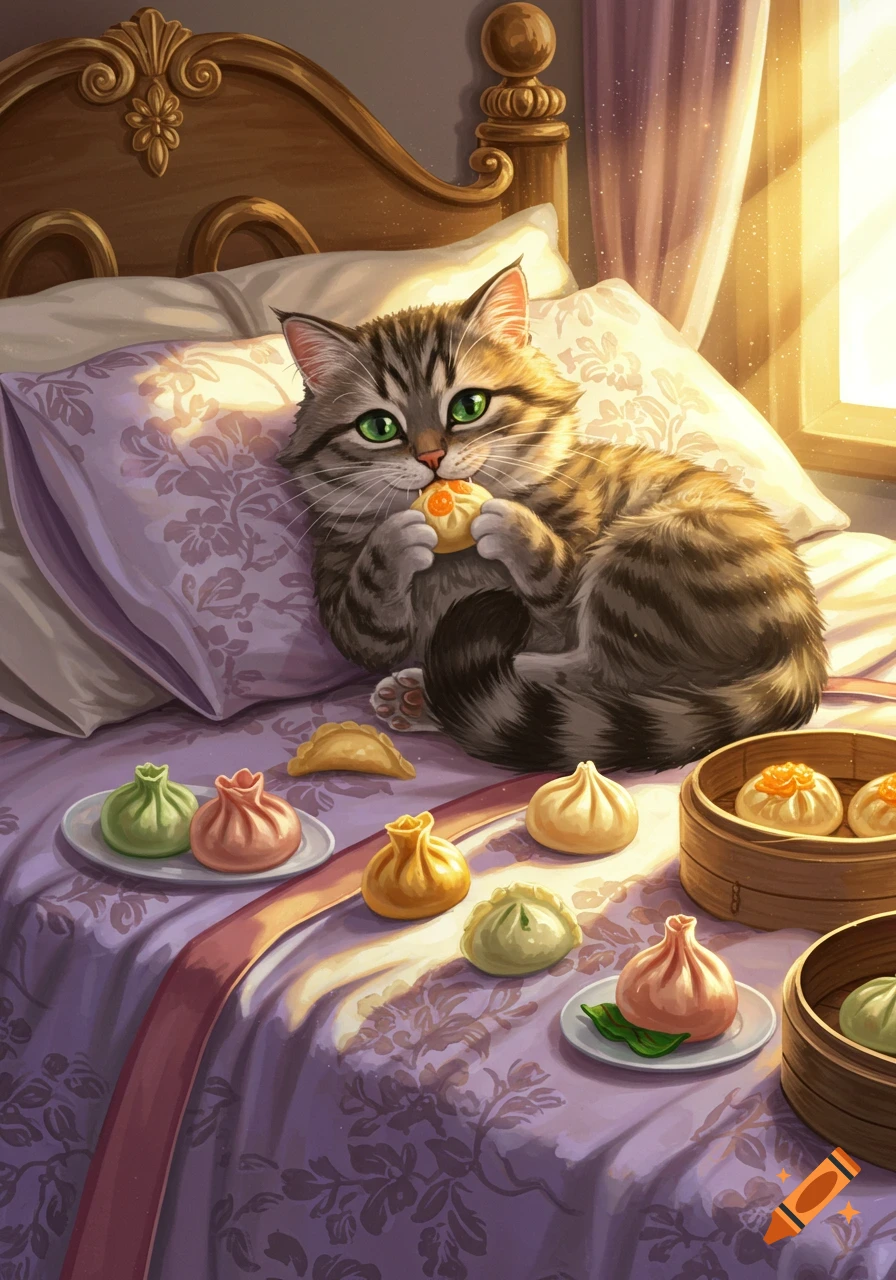 A cute tabby cat with green eyes lies on a bed, eating a dumpling. Colorful dumplings and bamboo steamers surround it in warm sunlight.