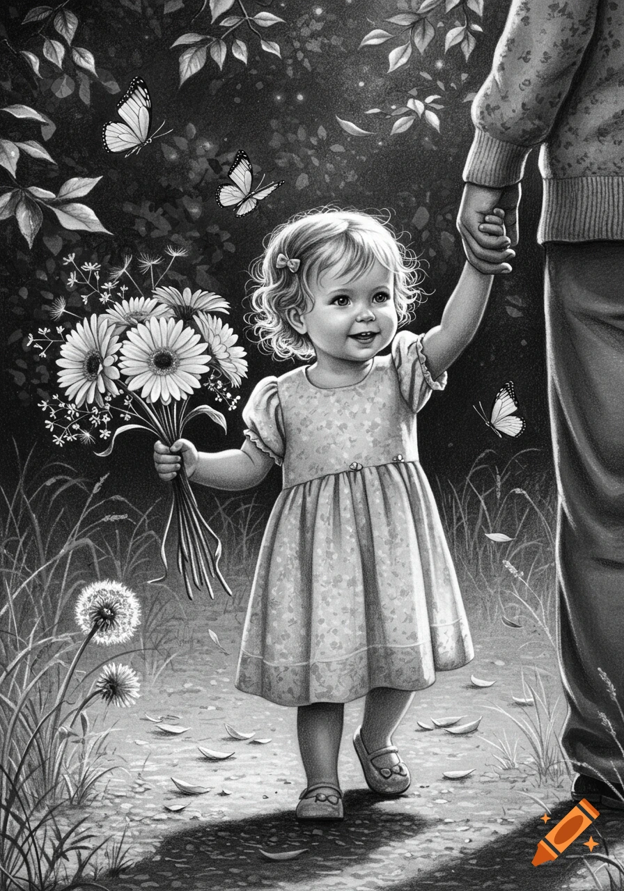 Black and white illustration of a happy toddler girl holding a bouquet of daisies and a man's hand, walking outdoors with butterflies.