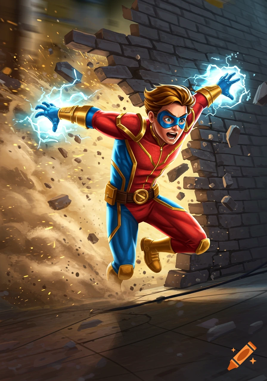 A young superhero in a red and blue suit with gold accents breaks through a brick wall with electric powers.