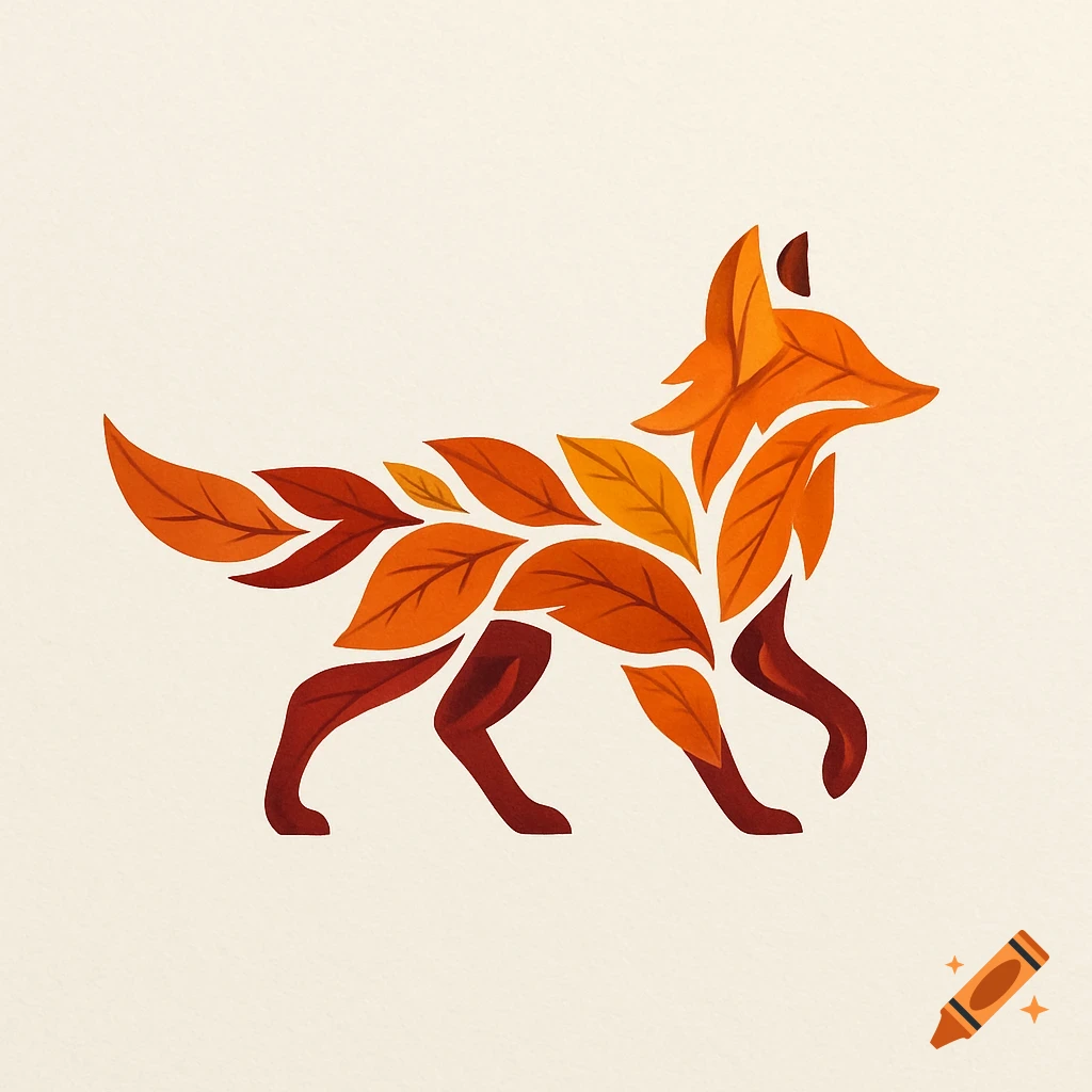 A stylized fox made of autumn leaves in various shades of orange and brown, on a light cream background, designed as a logo.