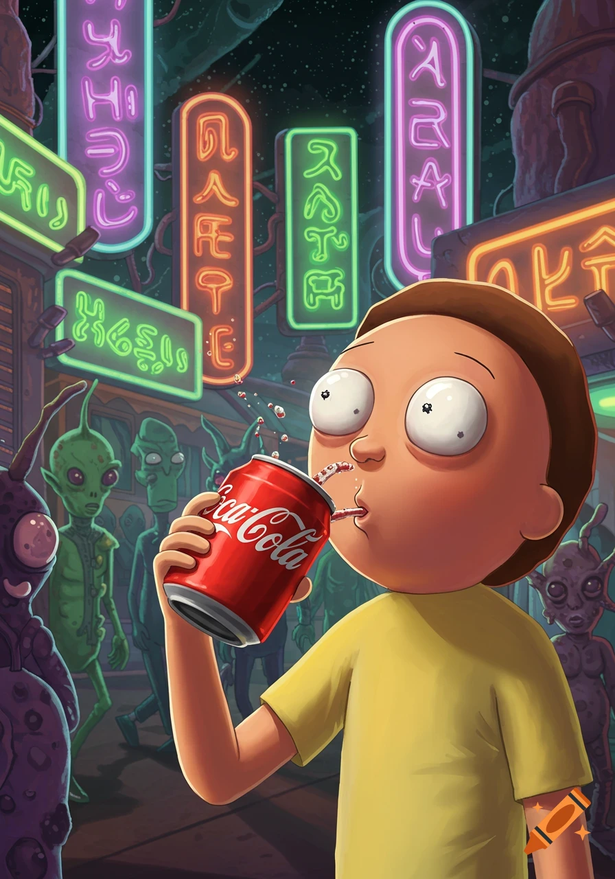 Morty Smith from Rick and Morty drinks a Coca-Cola can on an alien street with glowing neon signs.