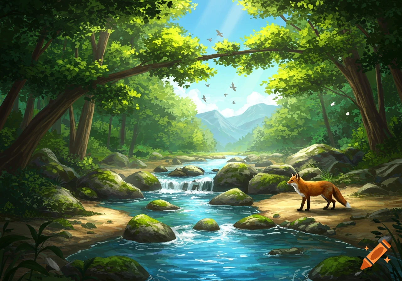Vibrant, stylized illustration of a fox by a rocky blue stream in a lush green forest with distant mountains and birds in the sky.