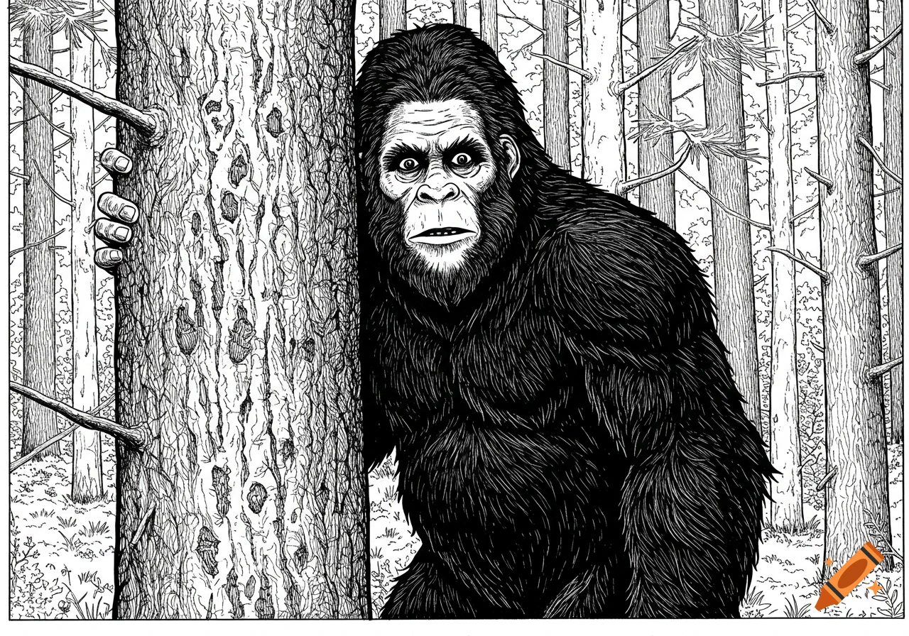 Bigfoot peeking from behind a tree in a forest, black and white line art illustration.